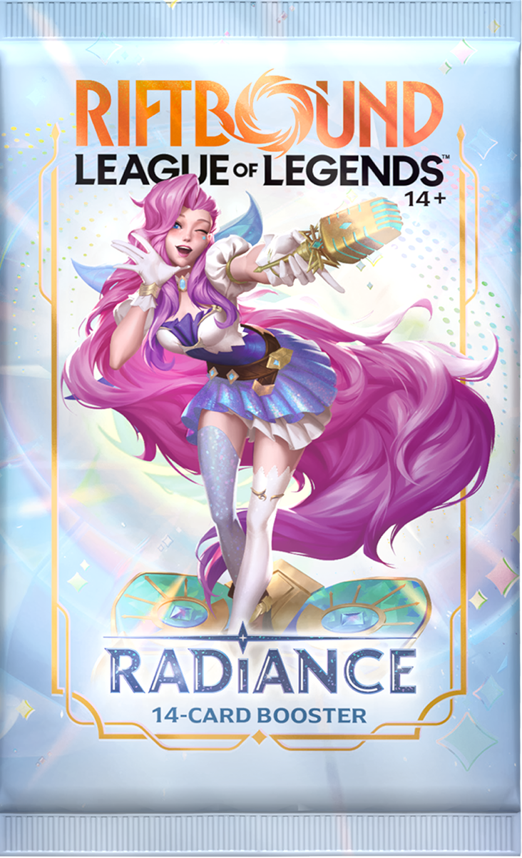 Official Riftbound Radiance booster pack artwork; this listing contains four English packs
